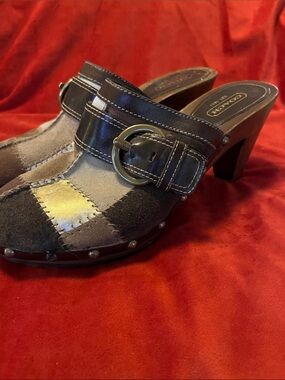 Vintage Coach “Sabrina”Patchwork Suede and Leather Clog Mules in Brown and Gold